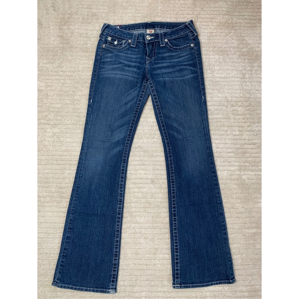 True Religion Becky Bootcut Jeans Dark Wash Low Rise Horseshoe Flap Pocket 27